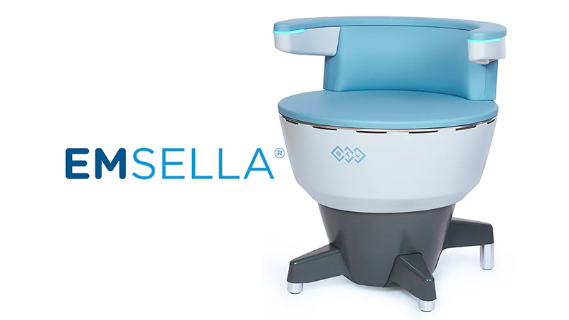 The Emsella logo next to an Emsella chair.